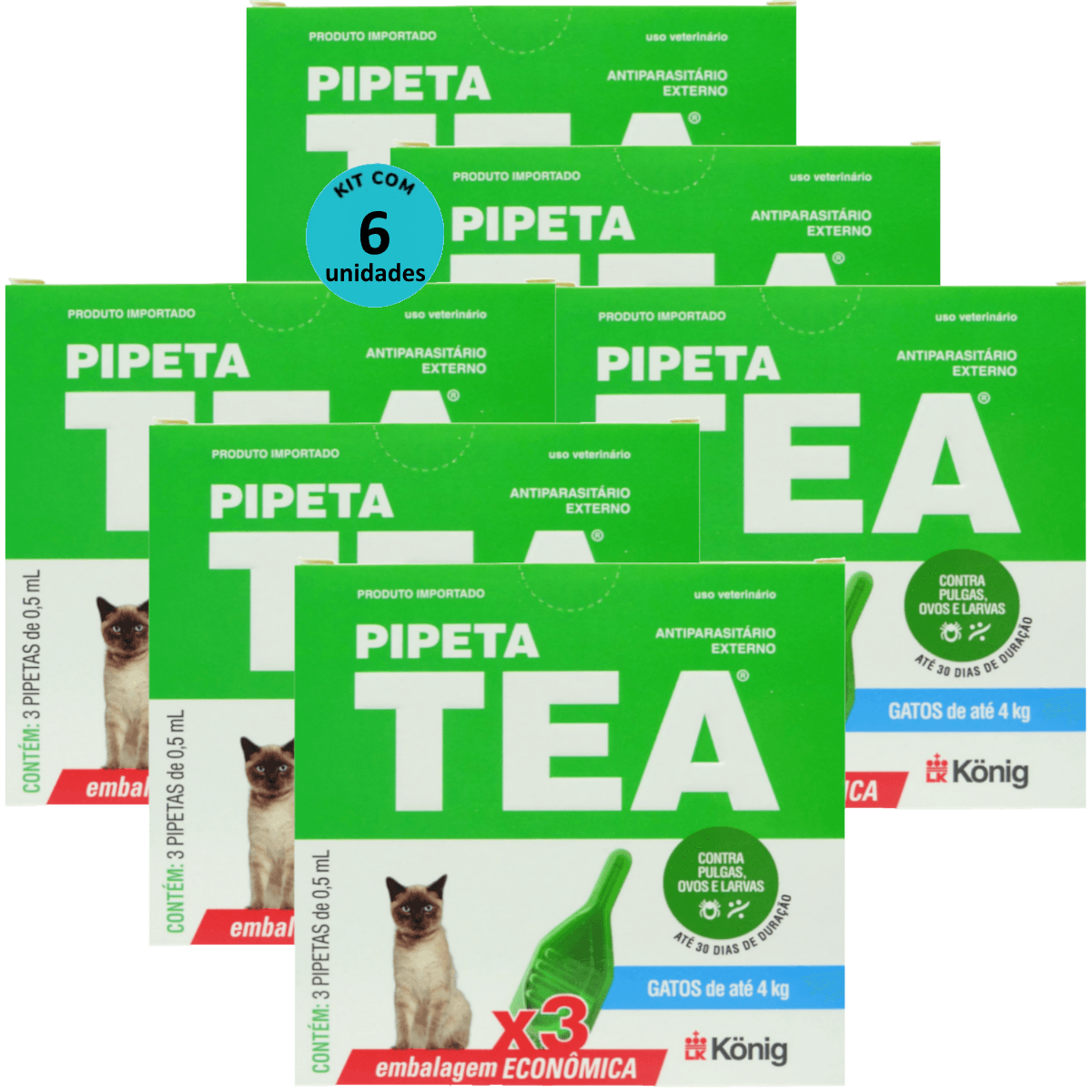 Pipeta Tea 0,5 ml Antiparasitário Contra Pulgas P/ Gatos de até 4 Kg C/ 3 unid. Kit C/ 6 Cxs