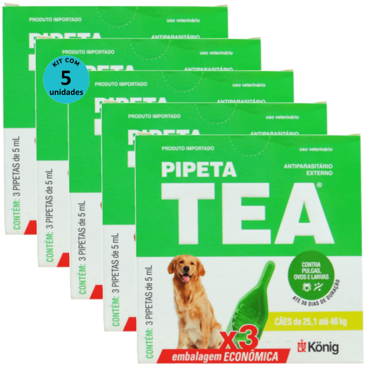 Pipeta Tea 5 ml Antiparasitário Contra Pulgas P/ Cães de 25,1 até 40 Kg C/ 3 unid. Kit C/ 5 Cxs