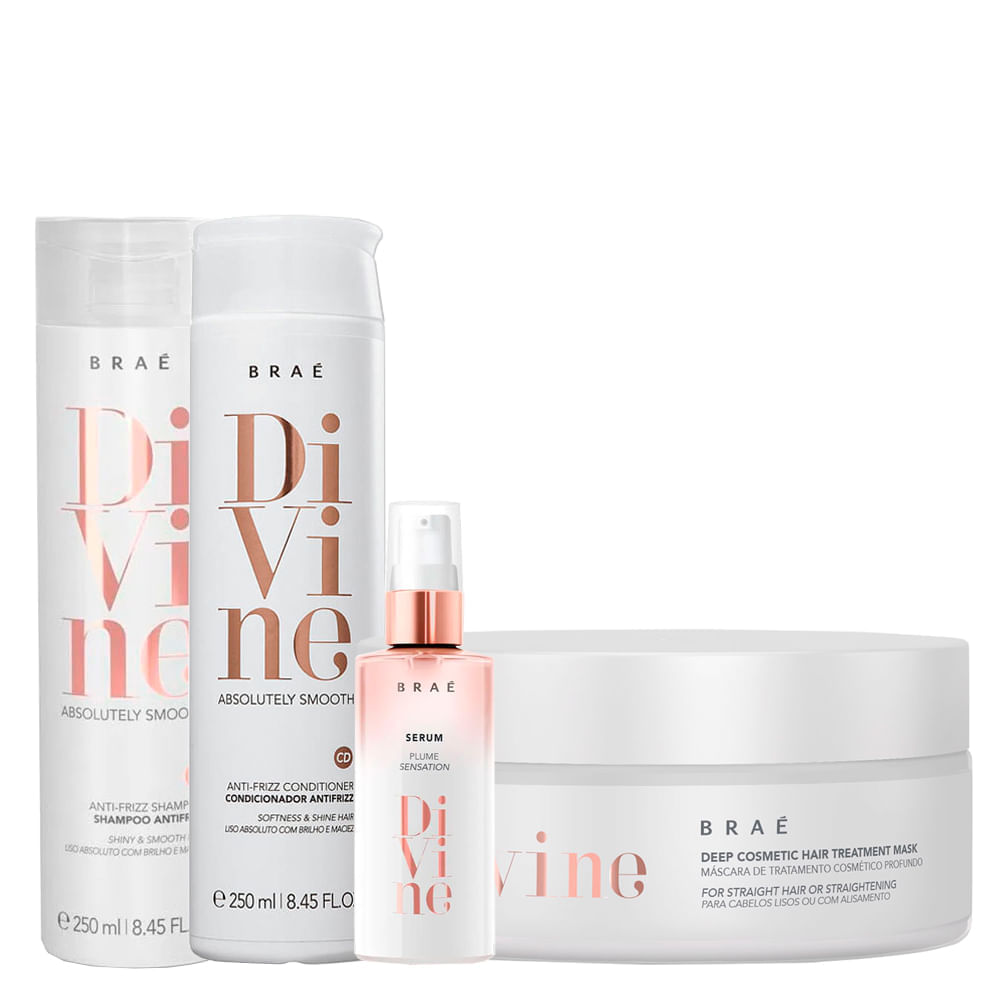 Kit Braé Divine - Shampoo 1000ml + Condicionador 1000ml + Máscara de Hidratação 200g + Sérum Capilar 60ml