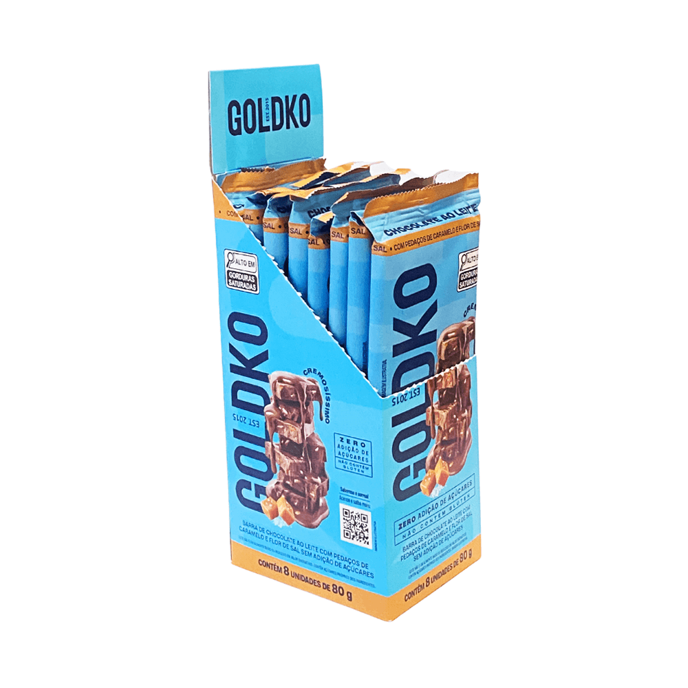 Display - Barra de chocolate ao leite com pedaços de caramelo e flor de sal zero adição de açúcares 80g