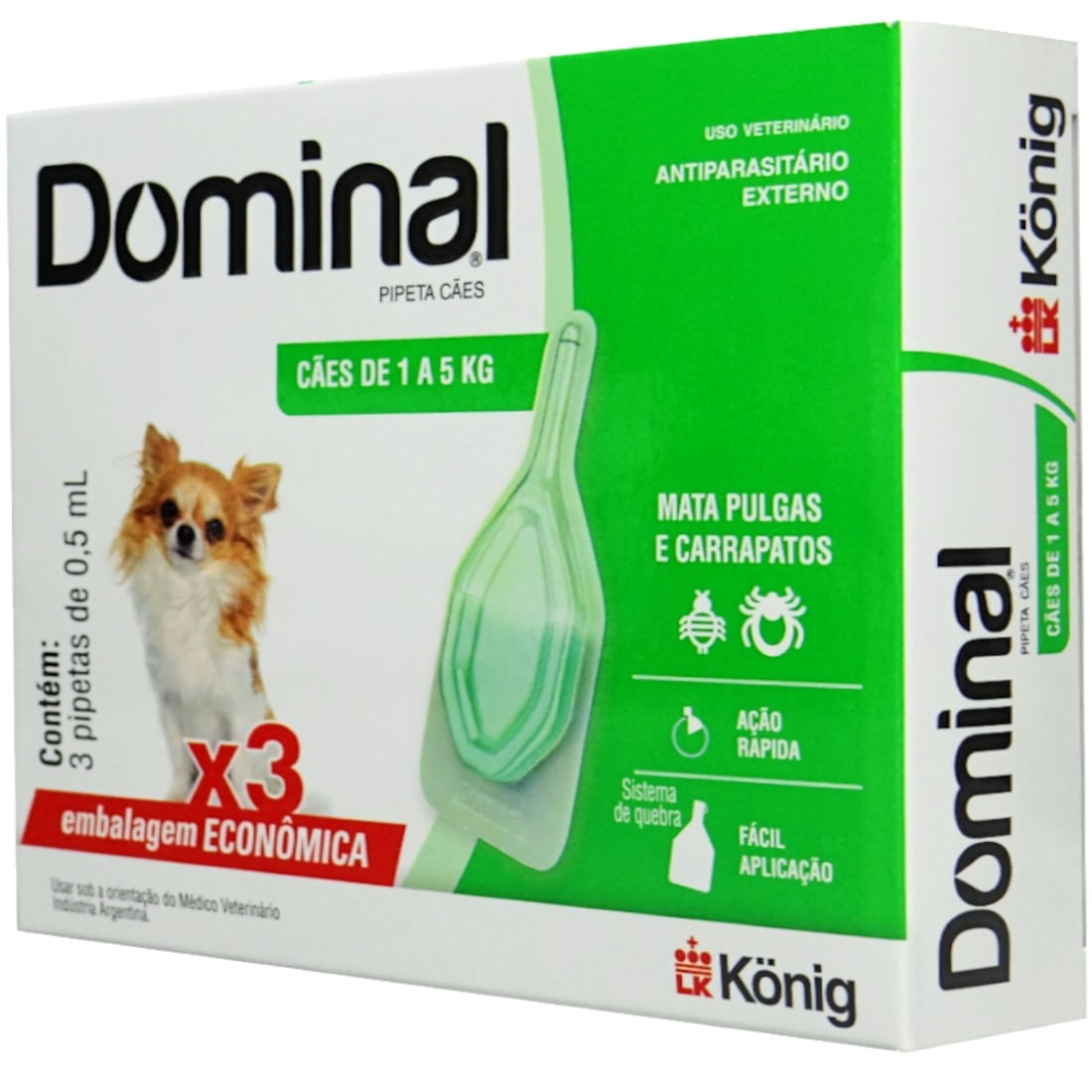 DOMINAL PIPETA PARA CÃES 1 A 5KG 0,5ML VERDE 3 UNID. KIT COM 6 CXS