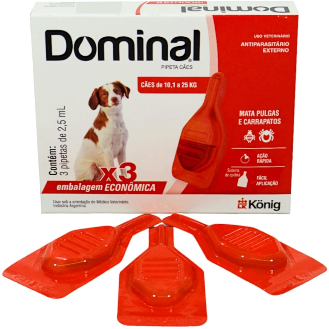DOMINAL PIPETA PARA CÃES 10,1 A 25KG 2,5ML VERMELHO 3 UNID. KIT COM 20 CXS