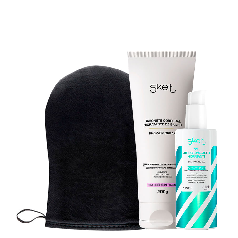 Kit Skelt -Sabonete Corporal  Skin & Body Care 200g + Gel Hidratante Autobronzeador 120 ml + Luva Aplicadora