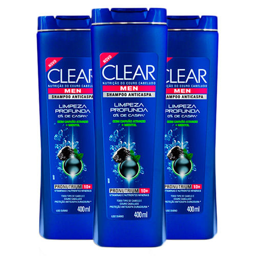 Kit 3 Shampoo Clear Men Limpeza Profunda Masculino 400ml