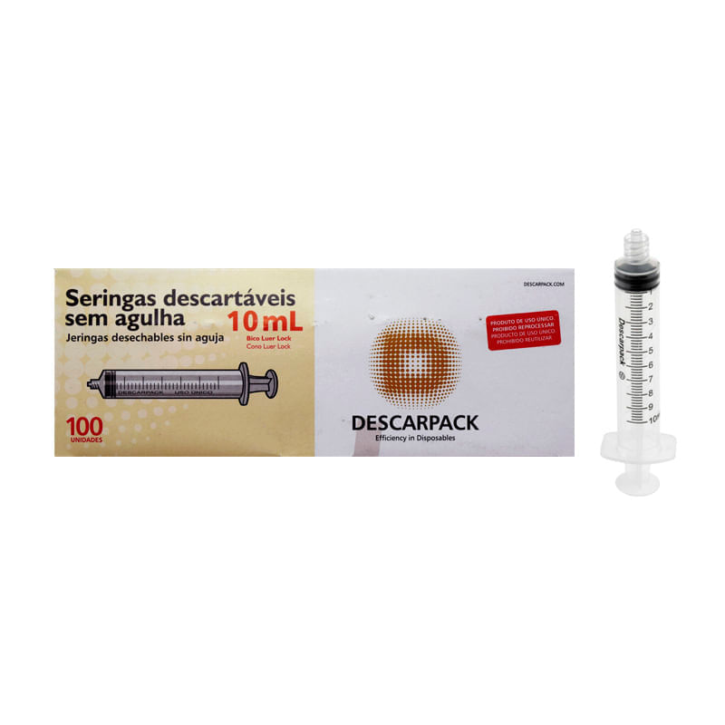 Seringa 10 ml sem Agulha Bico Luer Lock - Caixa 100 Unidades
